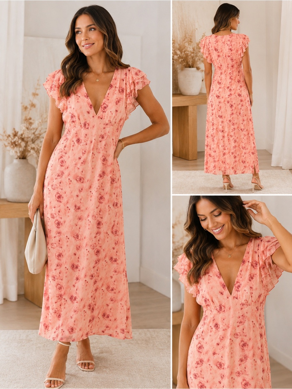 SHEIN Peach Floral V-Neck Ruffle Midi Dress